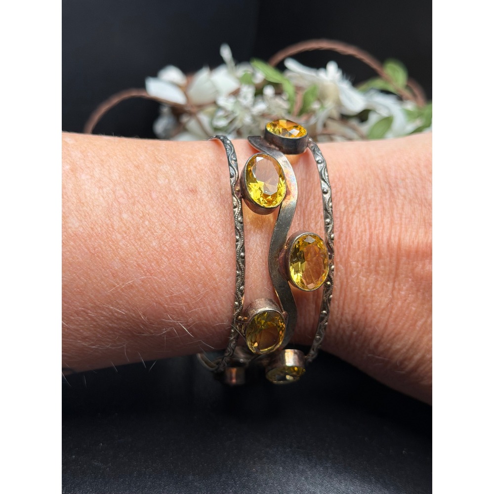 925 Sterling Silver Citrine Colored Gemstone Cuff Bracelet Artisan Boho